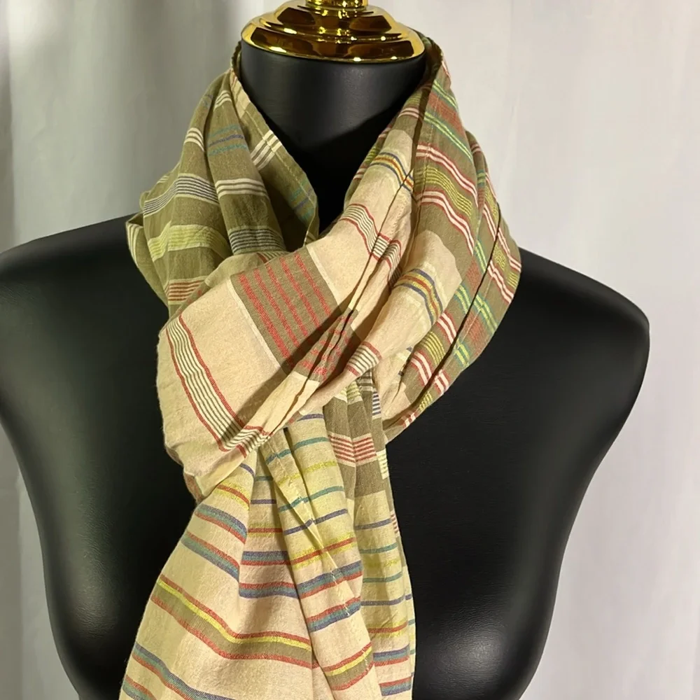 Gap Multicolor Striped Cotton Blend Lightweight Fringe Scarf